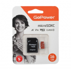 Карта памяти microSD GoPower 16GB Class10 UHS-I (U3) 80 МБ/ сек V10 с адаптером, (00-00025678)