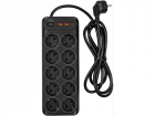 Сетевой фильтр-удлинитель/ PowerCom SP-10 USB2A1CB 3.0M, 10 розеток, черный, 16А, 4кВт, 204Дж, защитные шторки, защита от КЗ, перегрузки и импульсных помех, один порт USB-C(PD20W) и два USB-A(QC3.0) суммарной мощностью 15Вт, кабель 3x1.5 мм2, ШхГхВ 268х105х43 мм, вес 0.77 кг., (SP-10 USB2A1CB 3.0M)